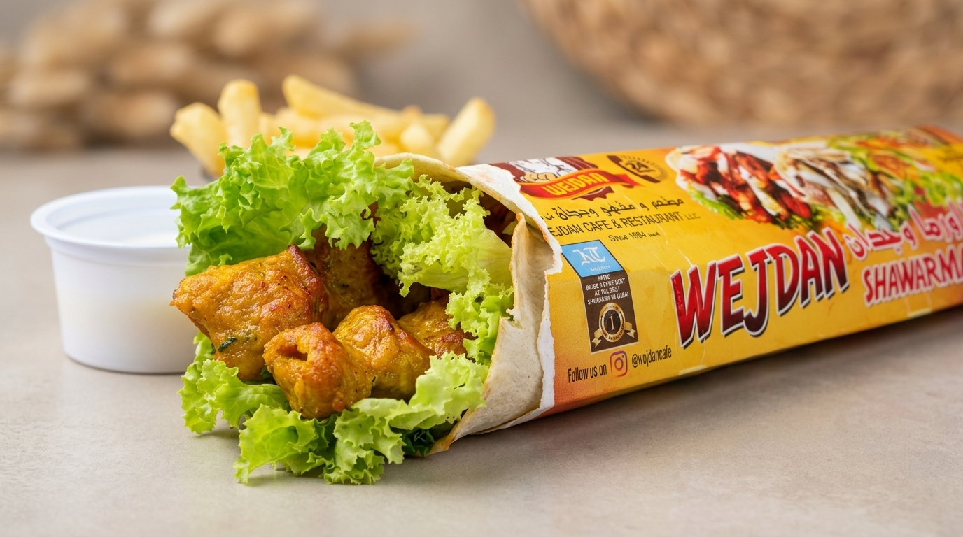 wrap with chicken Kabab and lettuce on a table with a blurred background